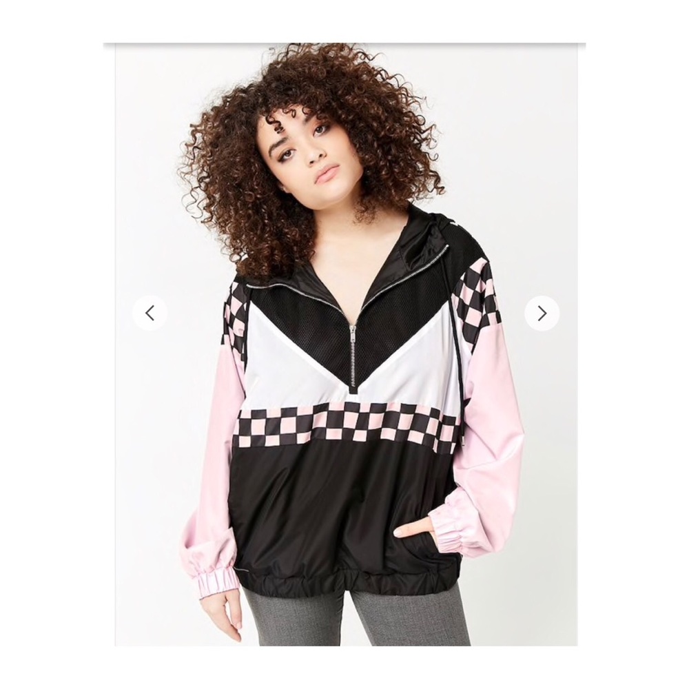 Plus Size Checkered Mesh-Insert Anorak